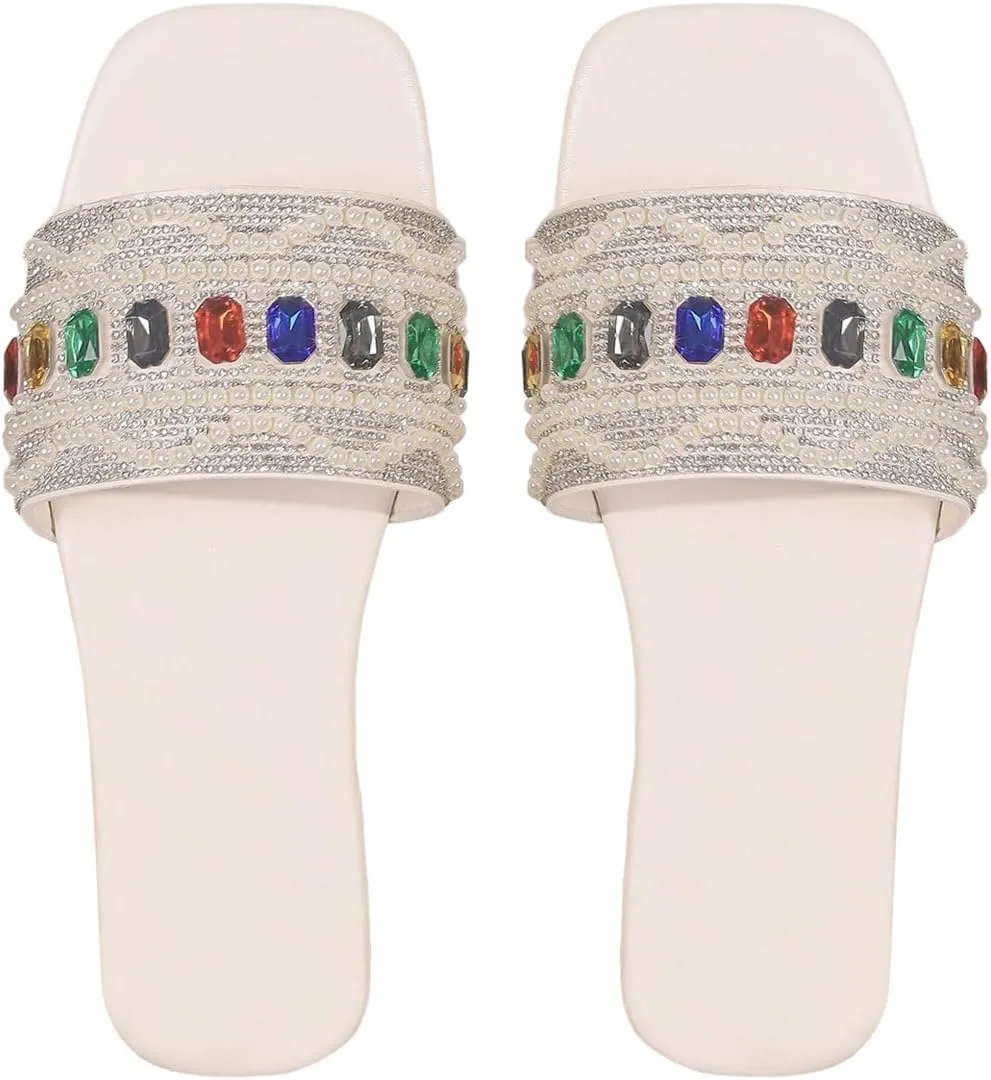 Women's Rhinestone Flat Sandals Pearl Glamorous Square Open Toe Dressy Slide Sandals