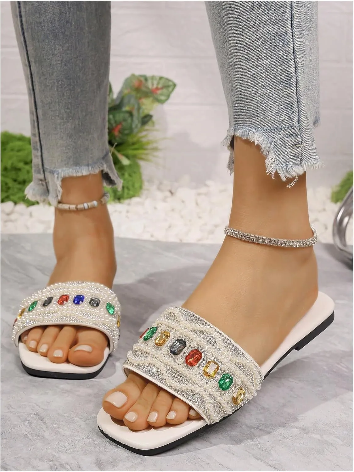 Women's Rhinestone Flat Sandals Pearl Glamorous Square Open Toe Dressy Slide Sandals