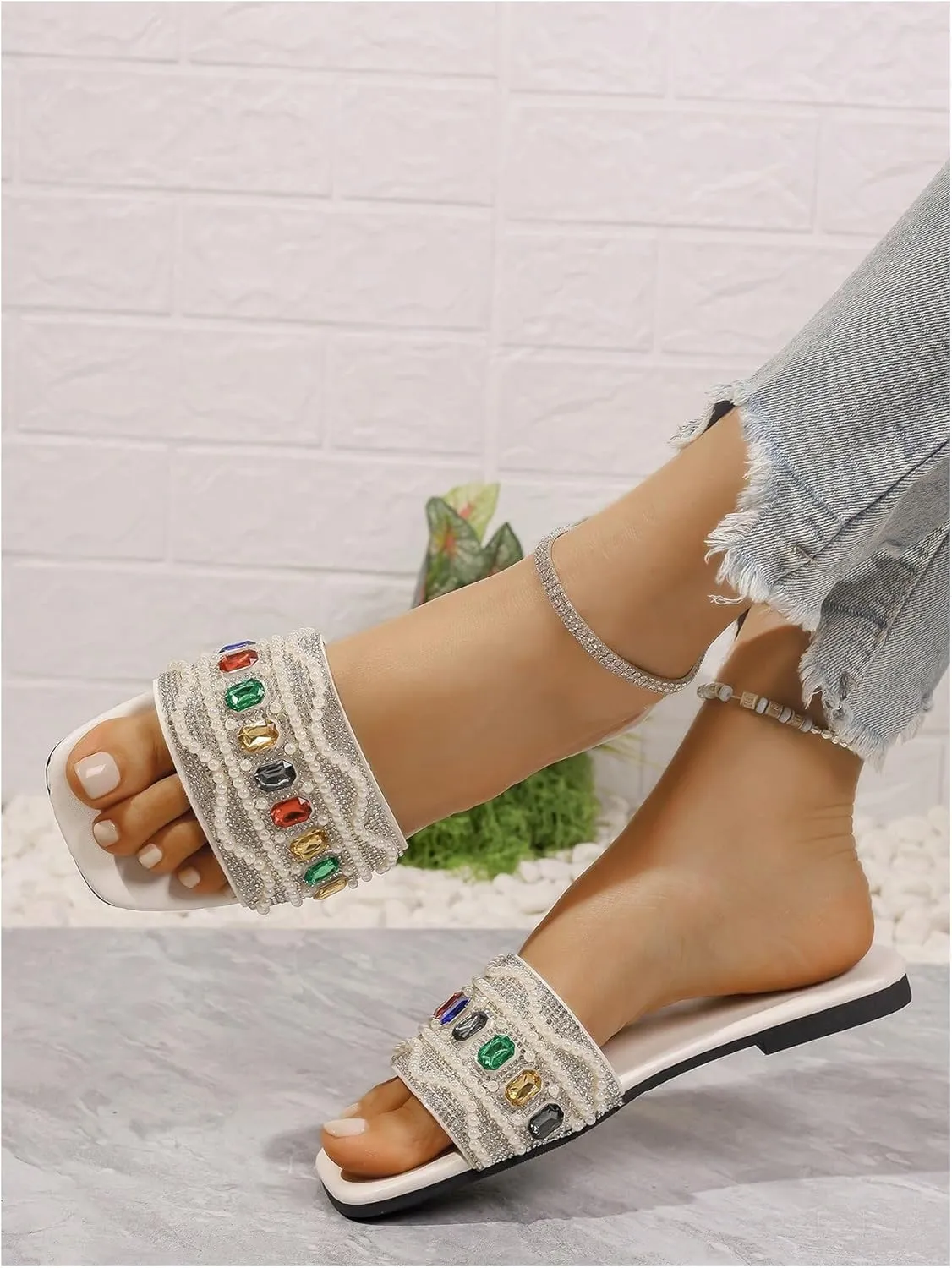 Women's Rhinestone Flat Sandals Pearl Glamorous Square Open Toe Dressy Slide Sandals