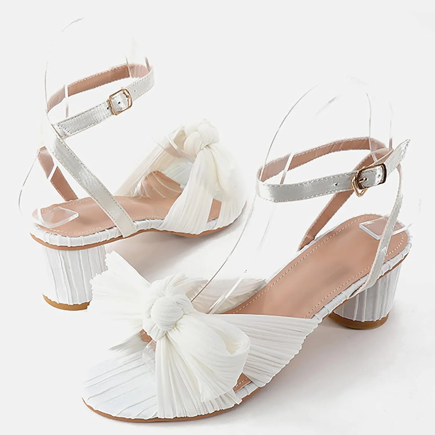 Womens Sandals Bow Decoration Soft Satin Chunky Heels Ankle Strap Wedge Sandals Summer Wedding Party Sandals Women