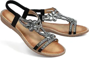 Womens Sandals Shoes Comfort Non Slip Walking Casual Summer Beach Shoes Dress Ankle Elastic Flower Jeweled Bohemian Flats