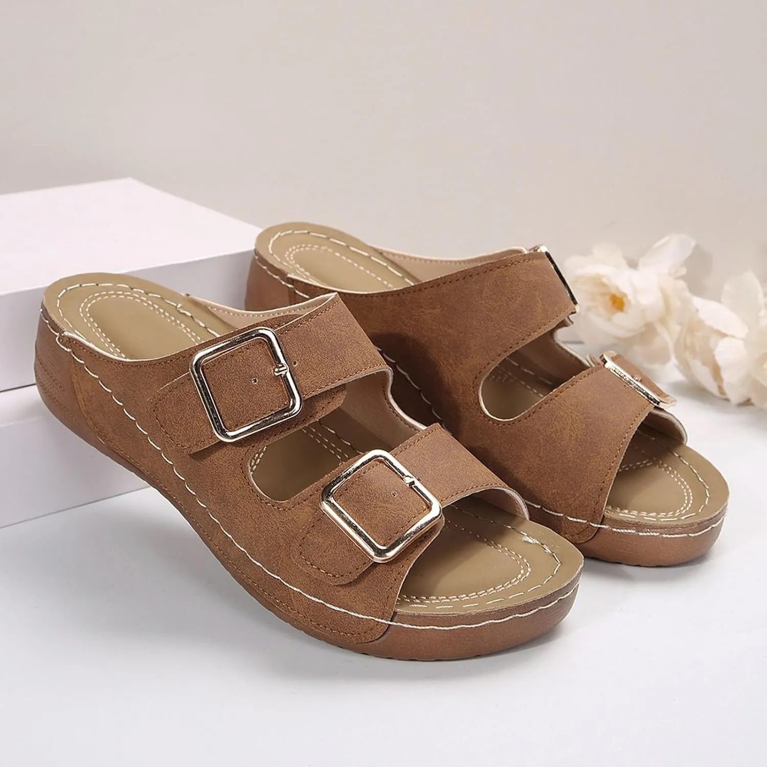 Womens Slide Sandals Cork Footbed Open Toe Adjustable Platform Sandals Comfort Slip On Slippers for Summer