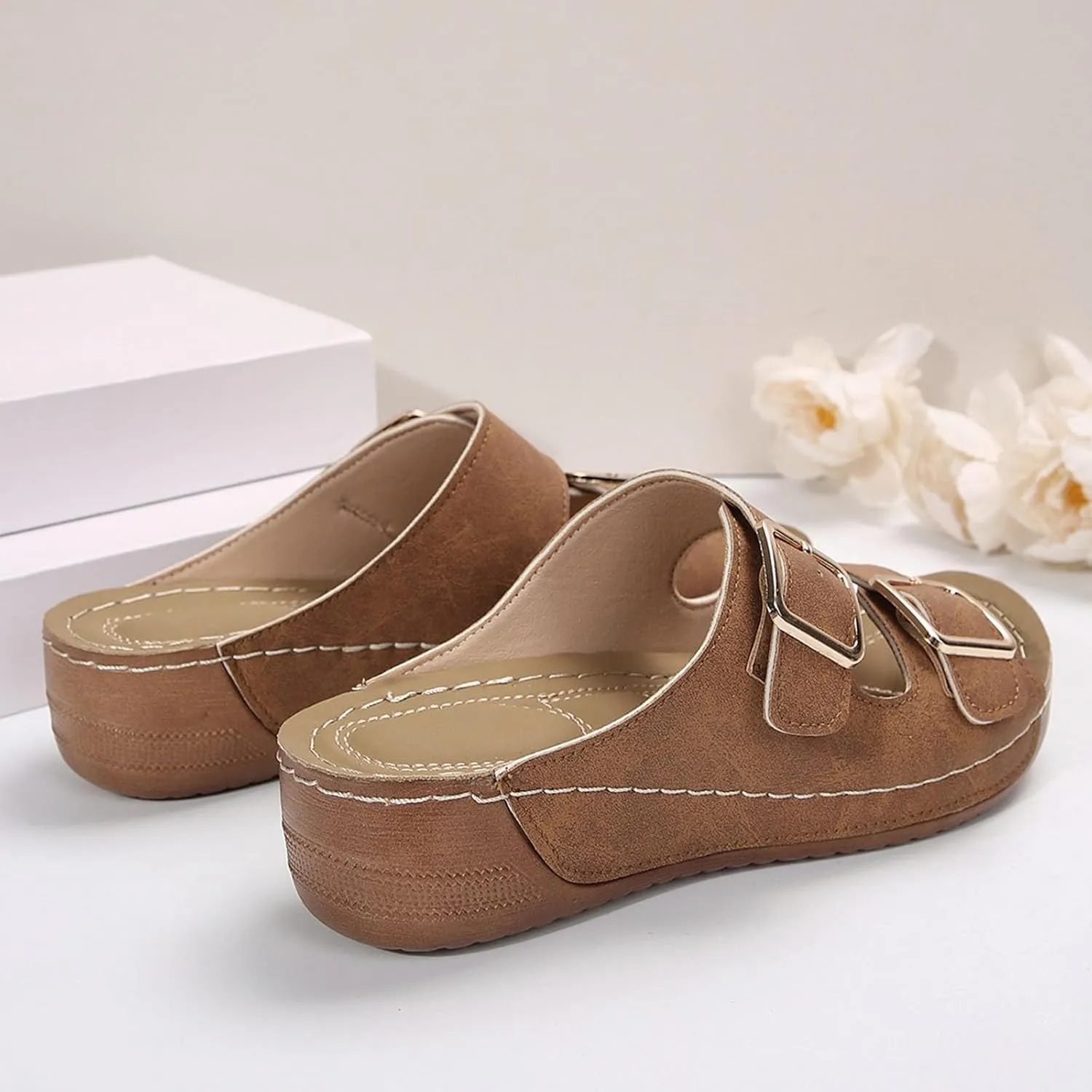 Womens Slide Sandals Cork Footbed Open Toe Adjustable Platform Sandals Comfort Slip On Slippers for Summer