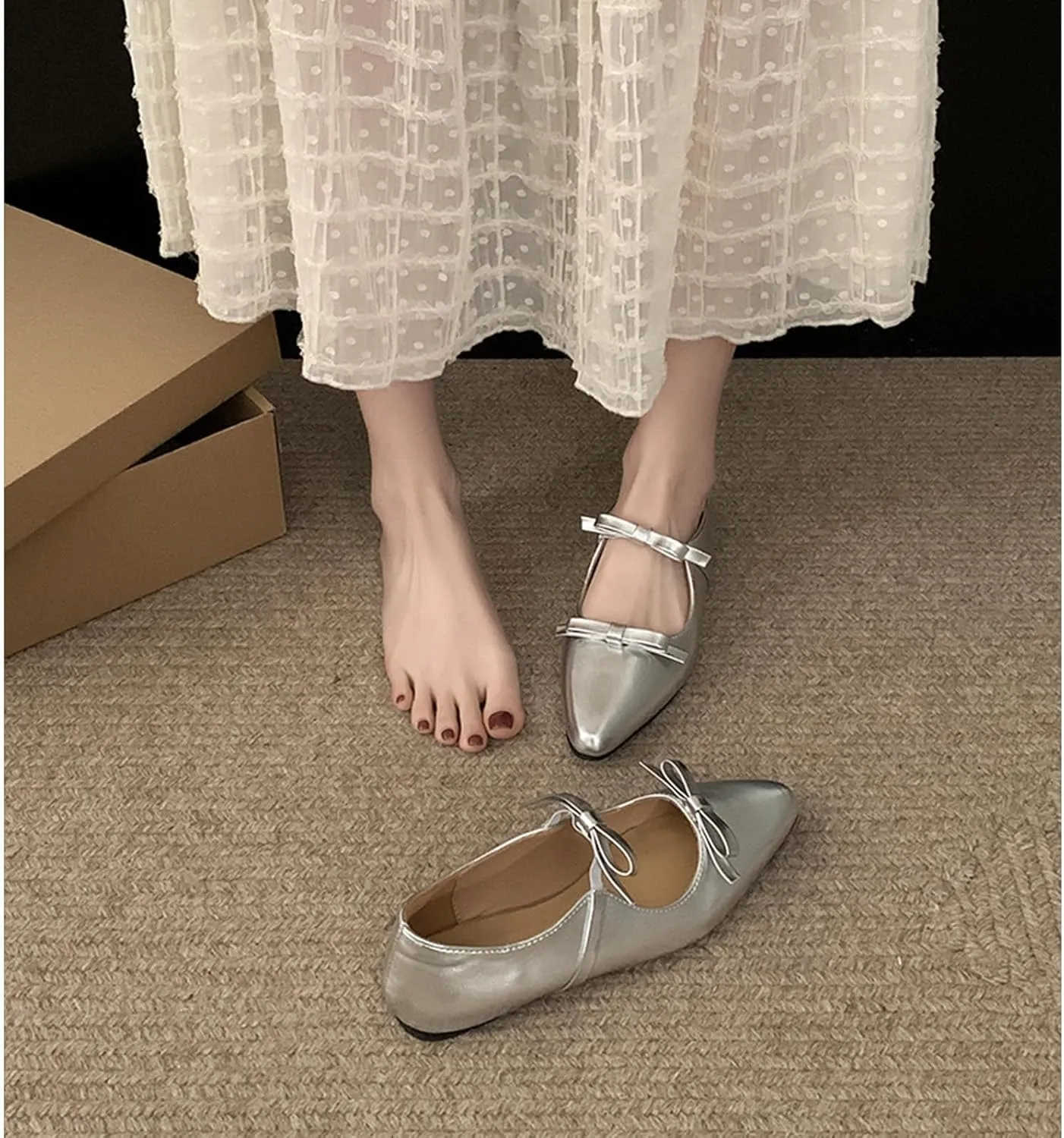 Women's Soft Leather Flat Mary Janes with Cute Bow Ankle Strap Sexy Pointed Toe Slip-On Ballet Flats Fashion Comfortable Lightweight Casual Dress Shoes