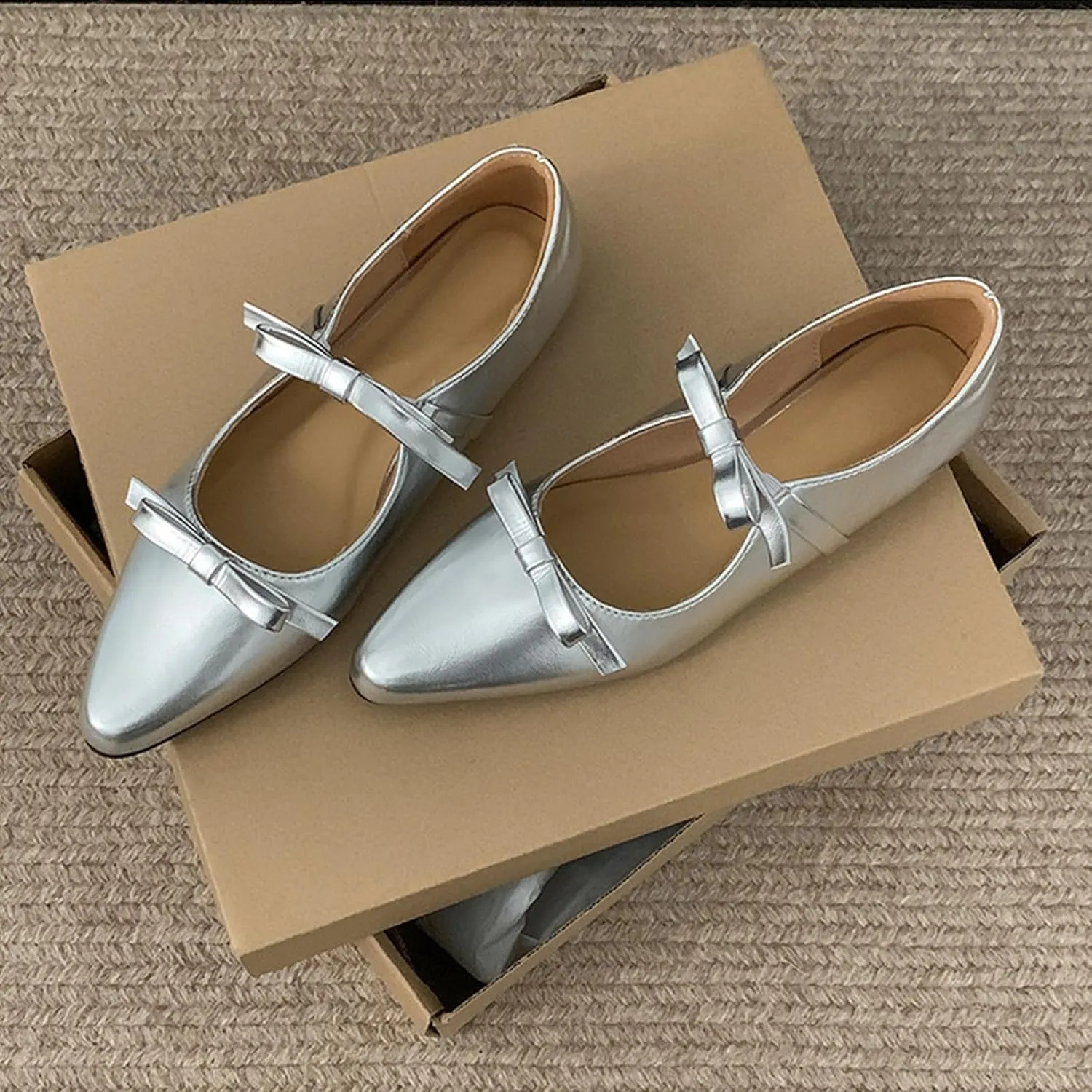 Women's Soft Leather Flat Mary Janes with Cute Bow Ankle Strap Sexy Pointed Toe Slip-On Ballet Flats Fashion Comfortable Lightweight Casual Dress Shoes