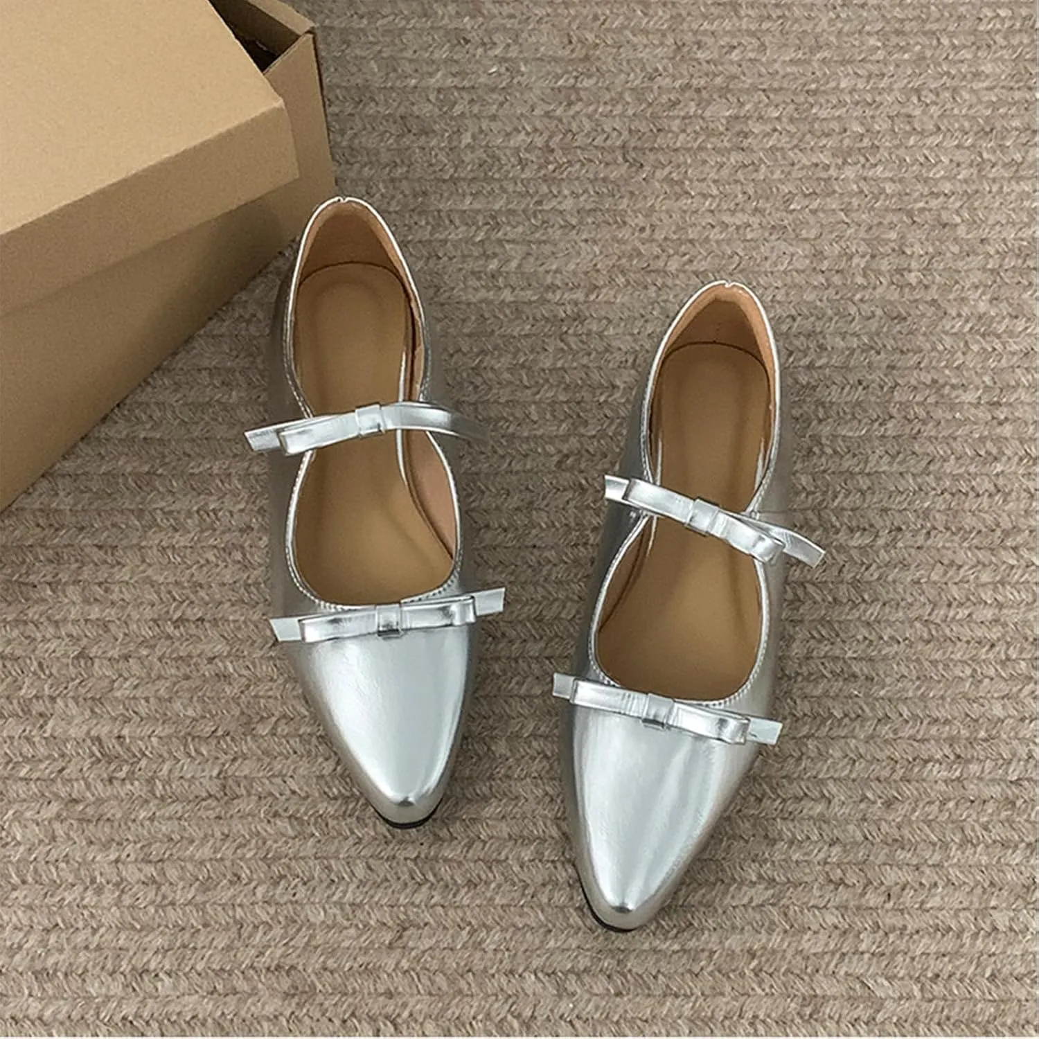 Women's Soft Leather Flat Mary Janes with Cute Bow Ankle Strap Sexy Pointed Toe Slip-On Ballet Flats Fashion Comfortable Lightweight Casual Dress Shoes