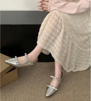 Women's Soft Leather Flat Mary Janes with Cute Bow Ankle Strap Sexy Pointed Toe Slip-On Ballet Flats Fashion Comfortable Lightweight Casual Dress Shoes