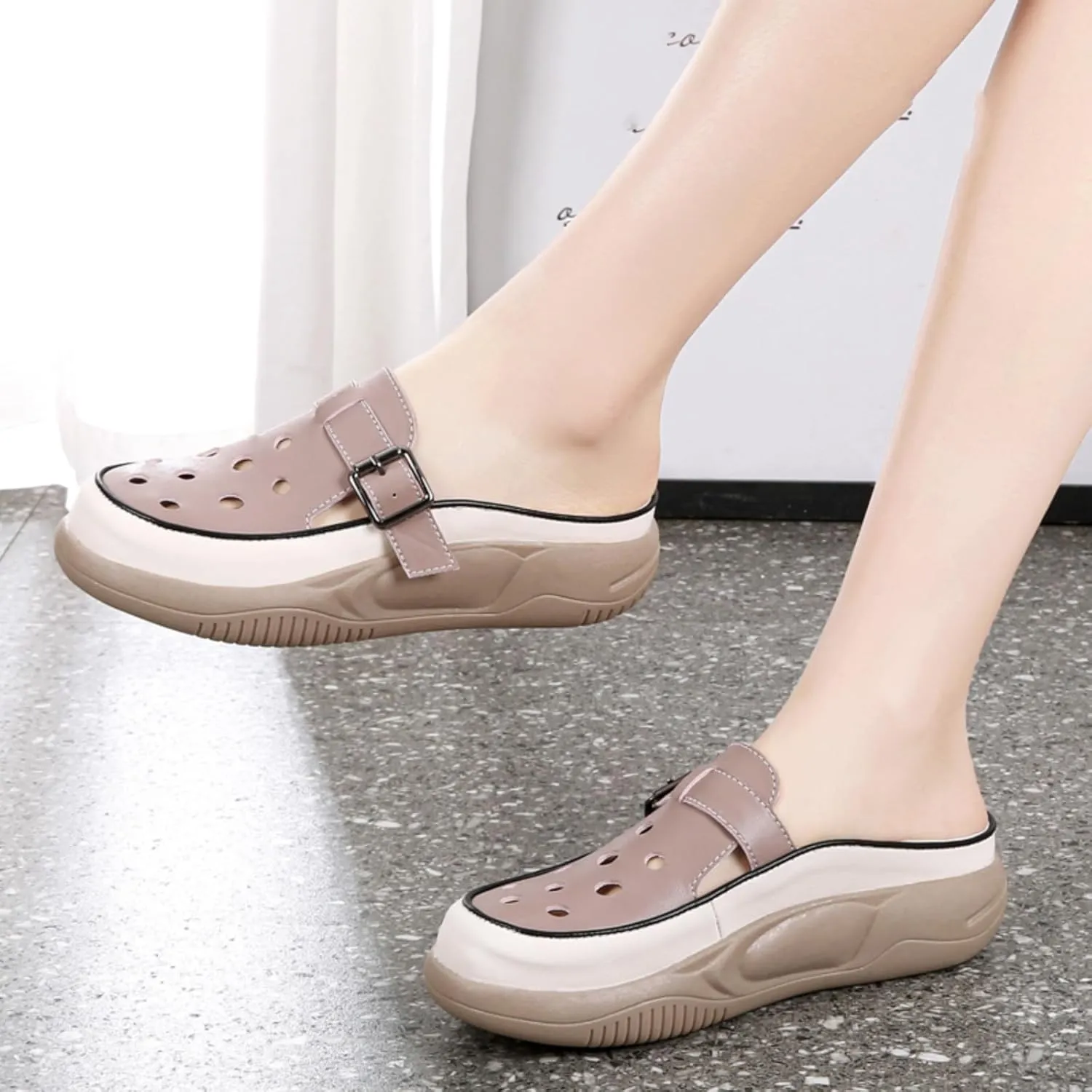 Women's Thick Platform Hollow Slip - on Mules, Breathable Closed Toe Walking Shoes for Outdoor & Beach