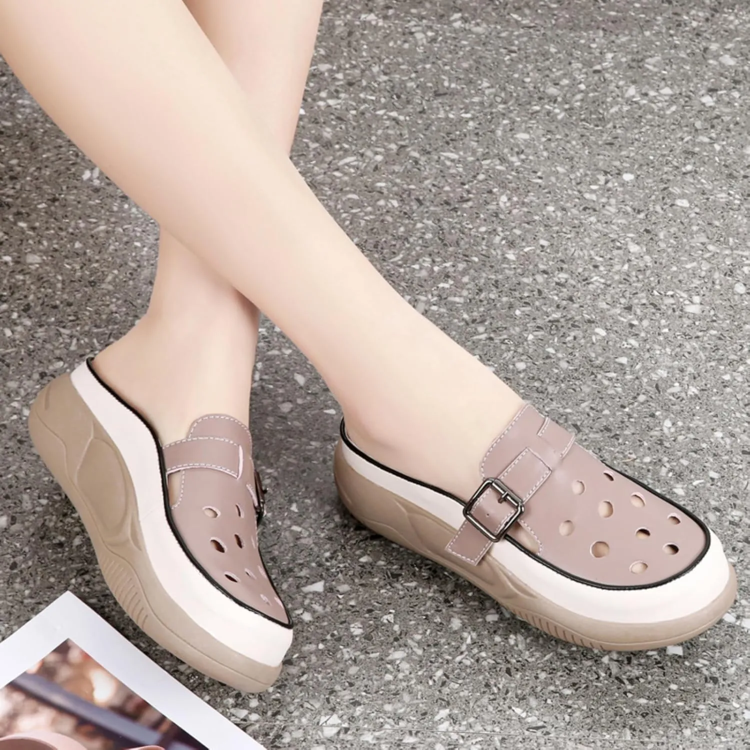 Women's Thick Platform Hollow Slip - on Mules, Breathable Closed Toe Walking Shoes for Outdoor & Beach