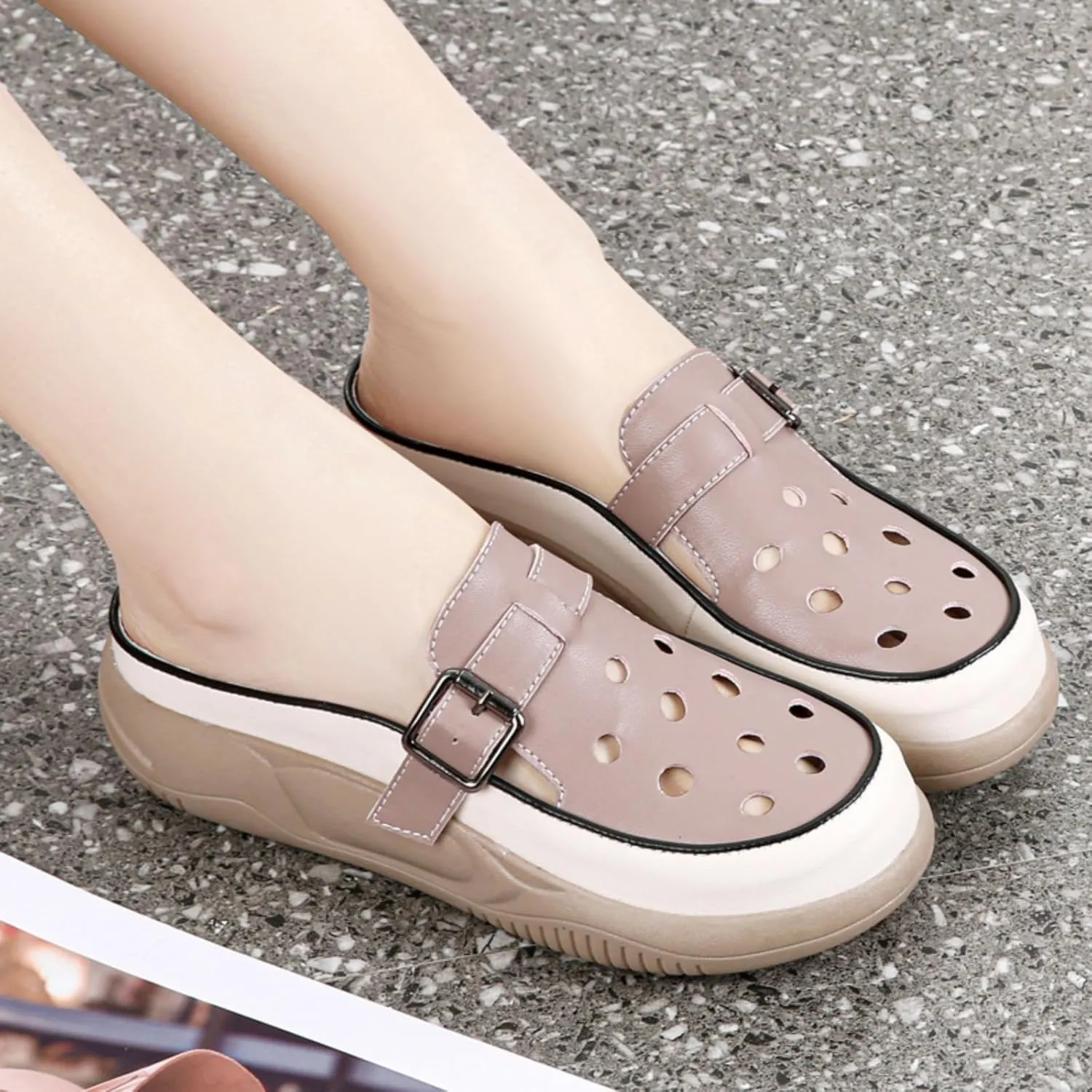 Women's Thick Platform Hollow Slip - on Mules, Breathable Closed Toe Walking Shoes for Outdoor & Beach