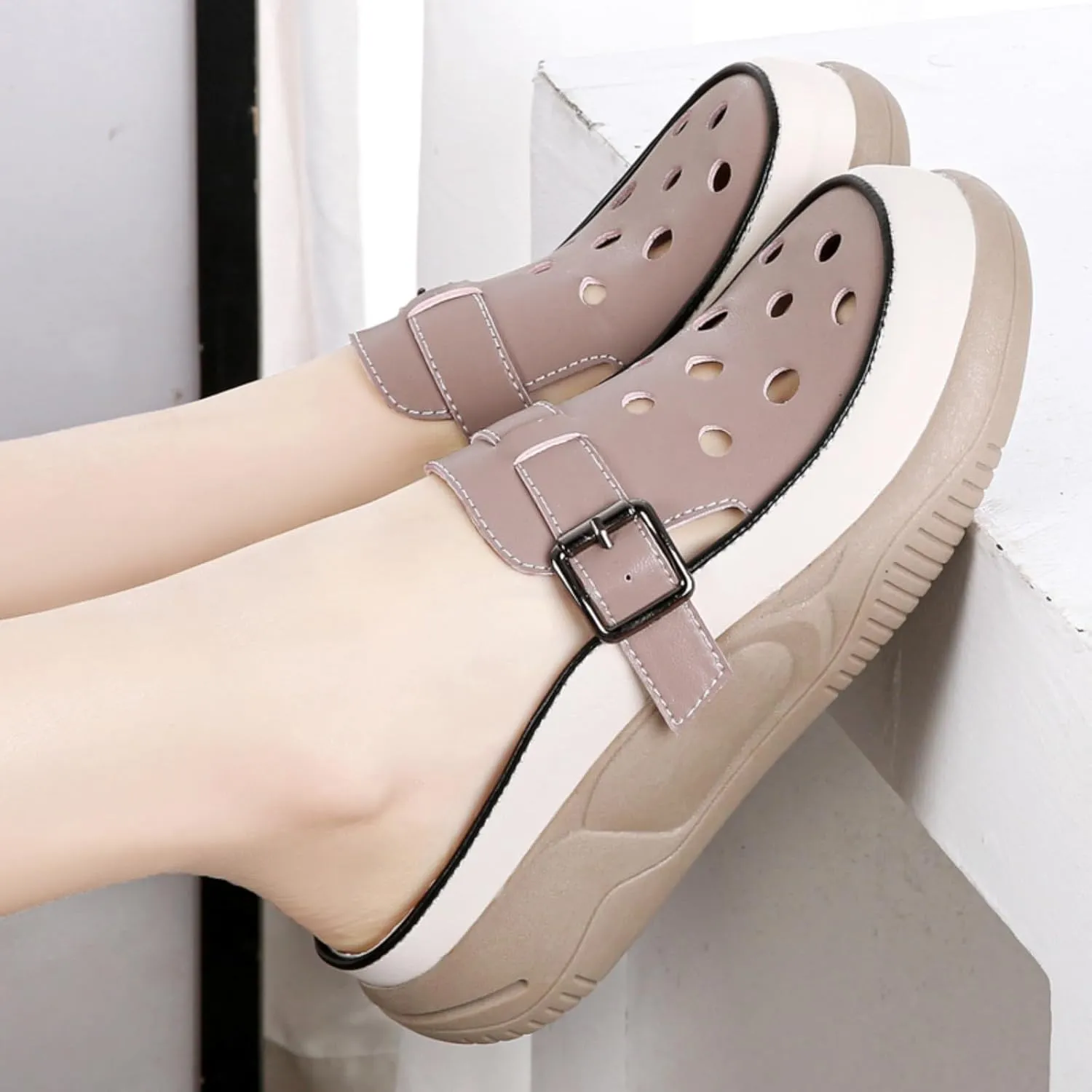 Women's Thick Platform Hollow Slip - on Mules, Breathable Closed Toe Walking Shoes for Outdoor & Beach