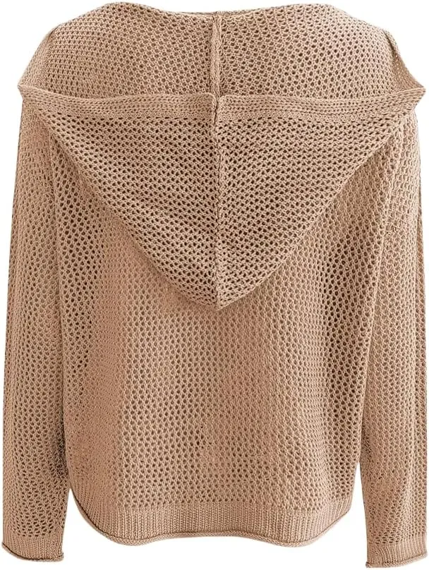 Women’s V-Neck Long Sleeve Sweaters, 2025 Spring Crochet Knit Sweaters for Women, Loose Fit Lightweight Blouse, Coral