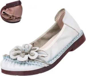 Women's Vintage Flower Leather Slip On Ballet Flats,Lightweight Comfort Non-Slip Ox Softsole Casual Dressy Pumps