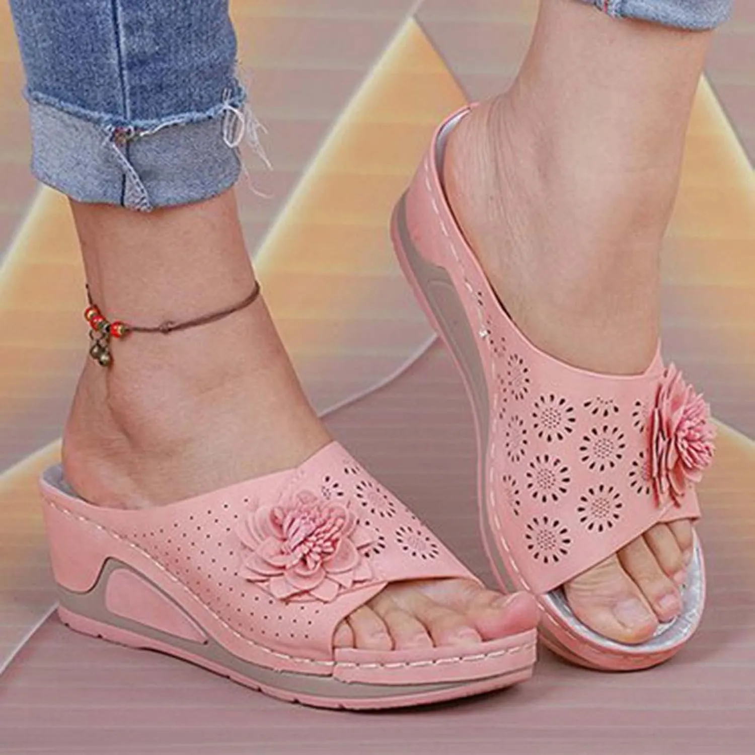 Women's Wedge Heel Boho Slide Shoes Summer Dressy Outdoor Beach Sandals Slip on Vacation Slippers Wedges Slides