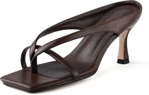 Women's Wide Kitten Heels Thong Sandals Slip on Heels Square Open Toe Heeled Sandals for Women Casual Summer