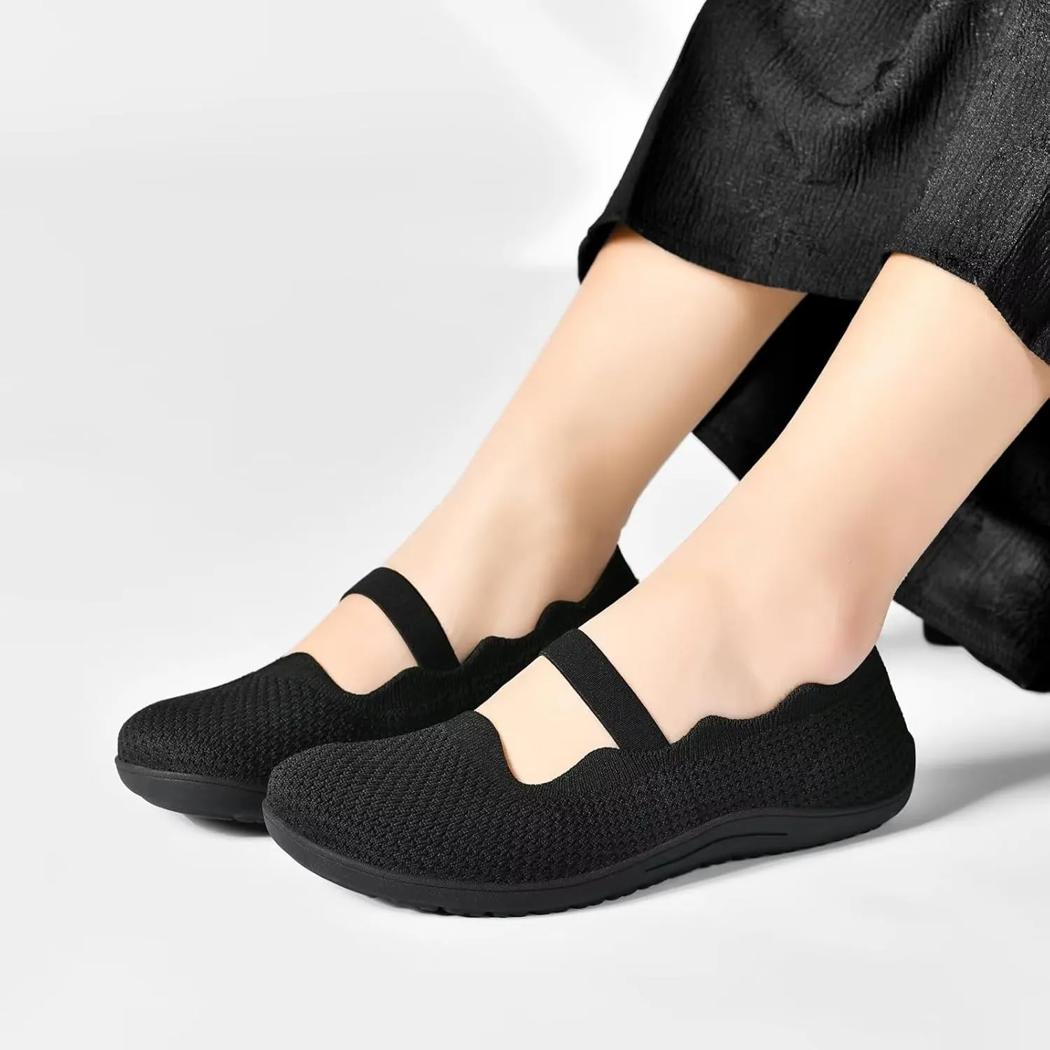 Women's Wide Toe Box Flats Knit Mary Jane Ballet Flats Wide Width Walking Dressy Shoes with Arch Support Comfortable