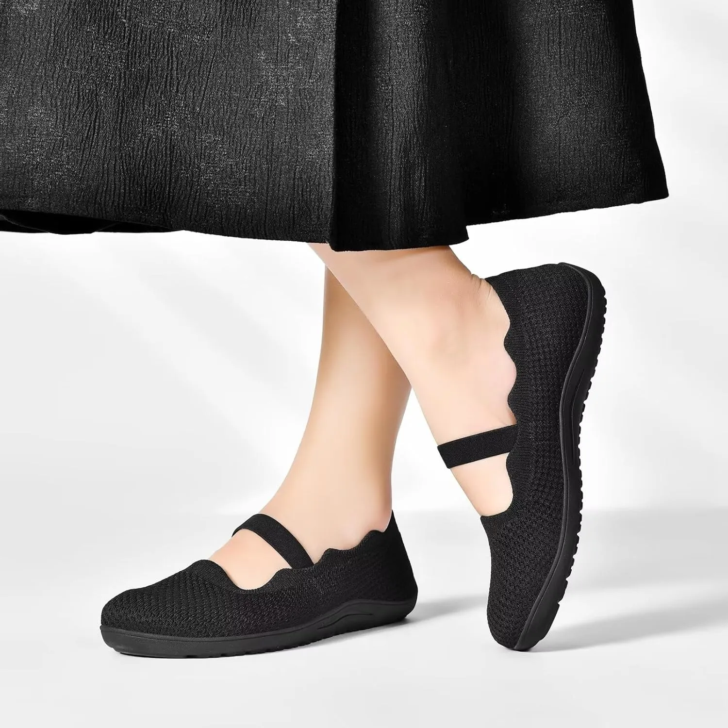 Women's Wide Toe Box Flats Knit Mary Jane Ballet Flats Wide Width Walking Dressy Shoes with Arch Support Comfortable
