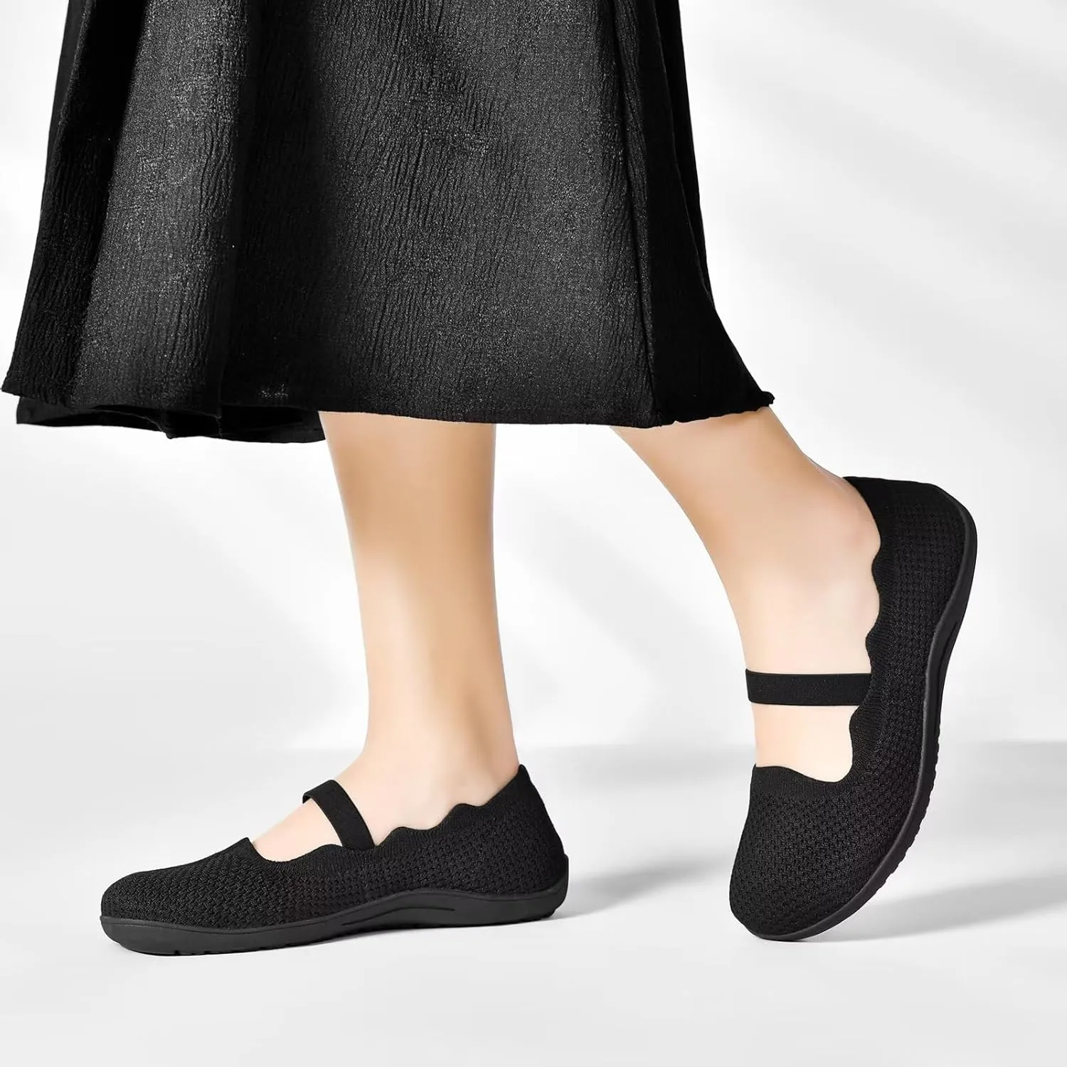 Women's Wide Toe Box Flats Knit Mary Jane Ballet Flats Wide Width Walking Dressy Shoes with Arch Support Comfortable