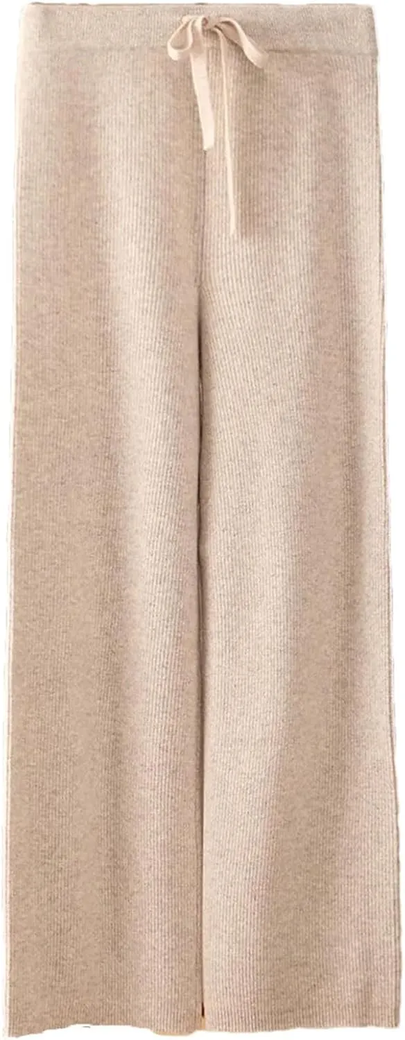 Women's Wool Wide Leg Knitted Trousers Casual Lace Up Drawstring Soft Warm Pants
