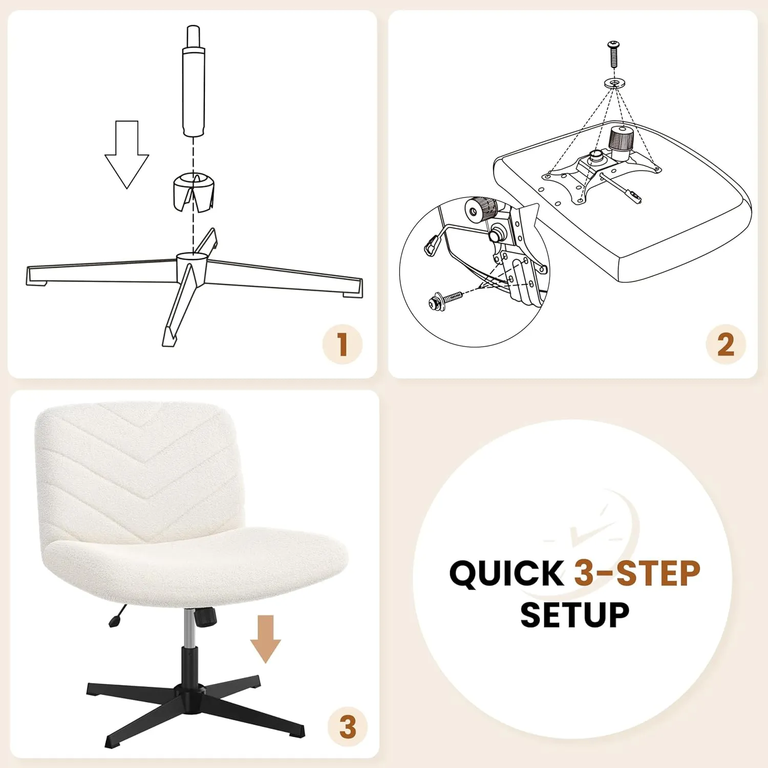 Yaheetech Wide Criss Cross Chair with No Wheels, Comfy Armless Cross Legged Office Desk Chairs, Swivel Vanity Chair Computer Chairs for Home Office, Ivory