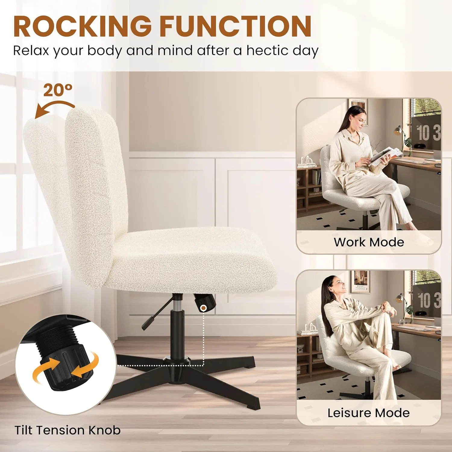 Yaheetech Wide Criss Cross Chair with No Wheels, Comfy Armless Cross Legged Office Desk Chairs, Swivel Vanity Chair Computer Chairs for Home Office, Ivory
