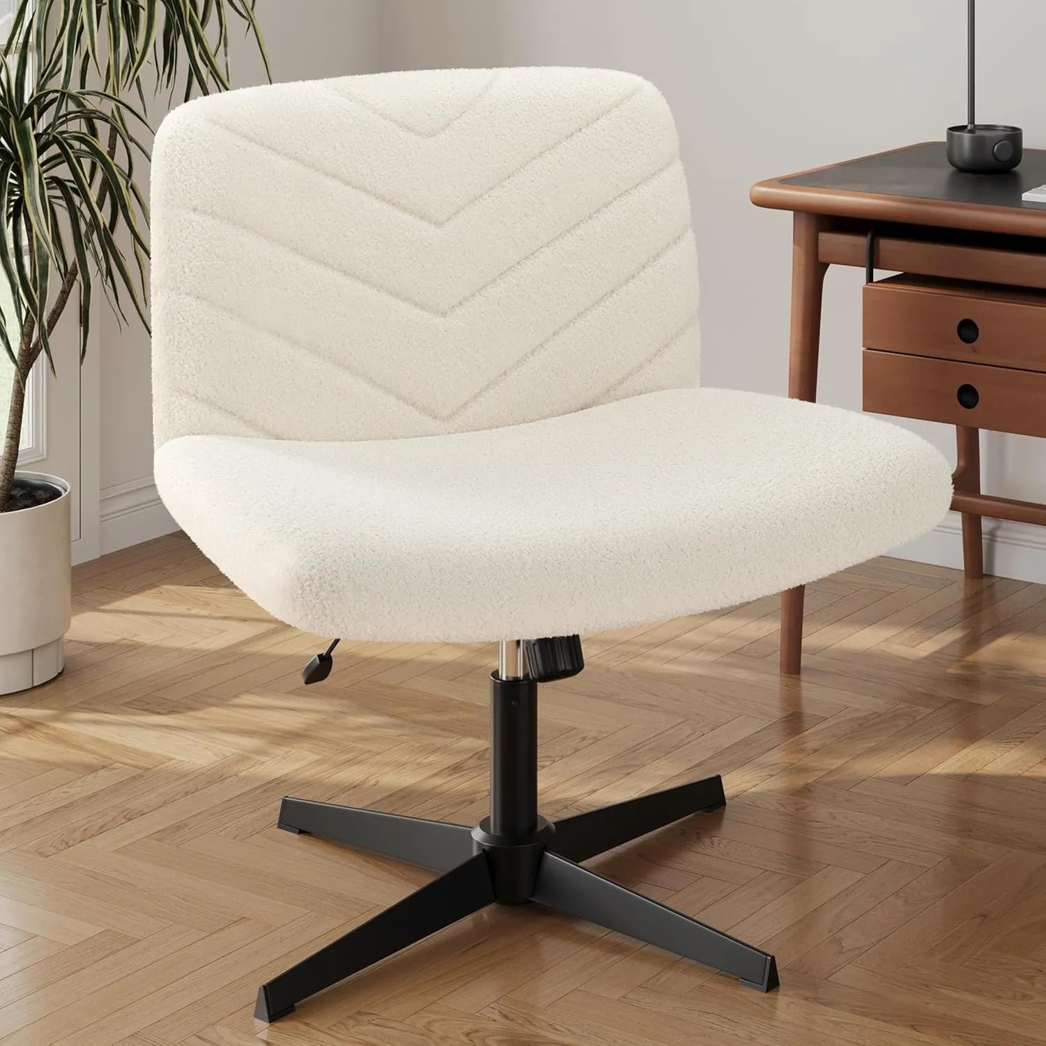Yaheetech Wide Criss Cross Chair with No Wheels, Comfy Armless Cross Legged Office Desk Chairs, Swivel Vanity Chair Computer Chairs for Home Office, Ivory