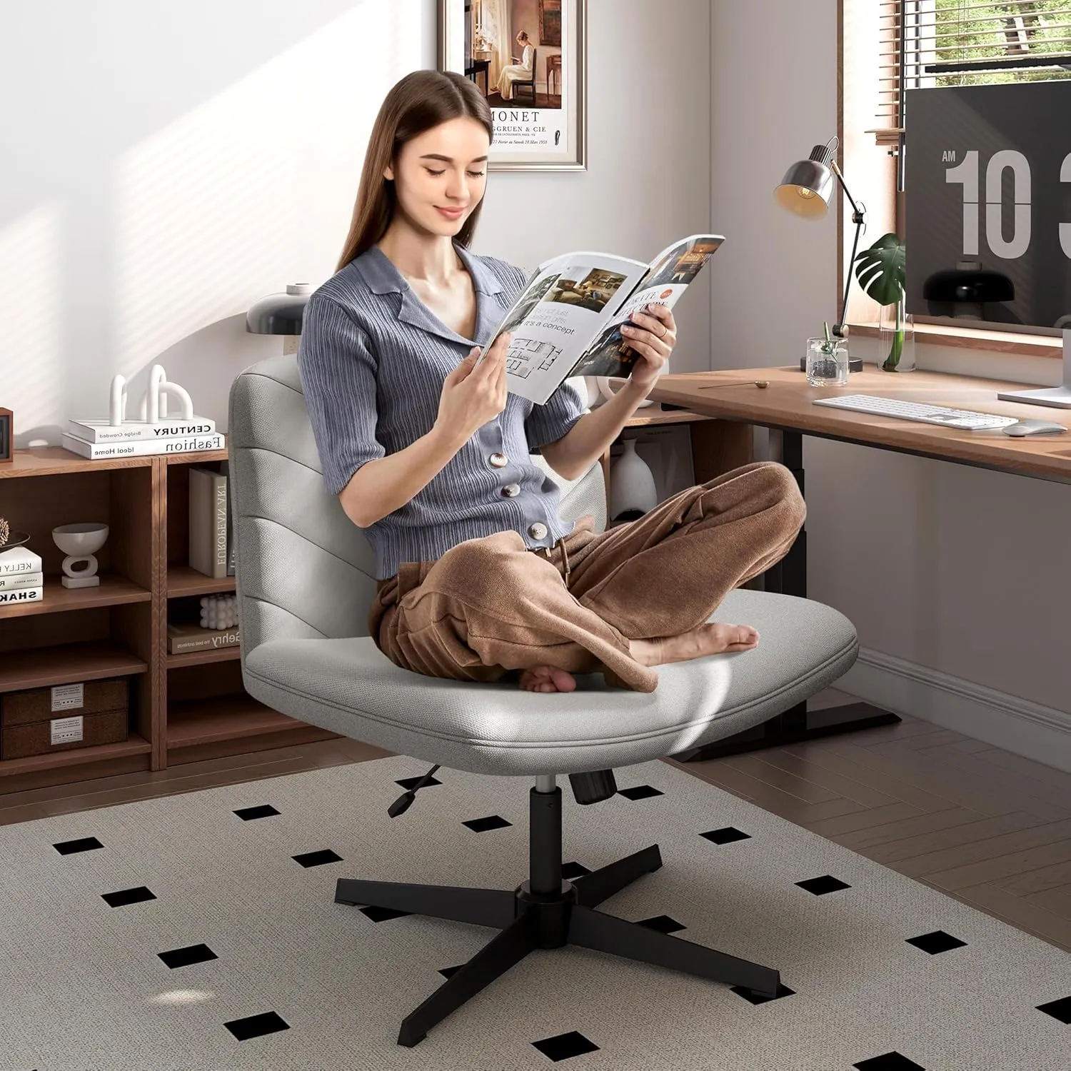 Yaheetech Wide Criss Cross Chair with No Wheels, Comfy Armless Cross Legged Office Desk Chairs, Swivel Vanity Chair Computer Chairs for Home Office, Light Gray
