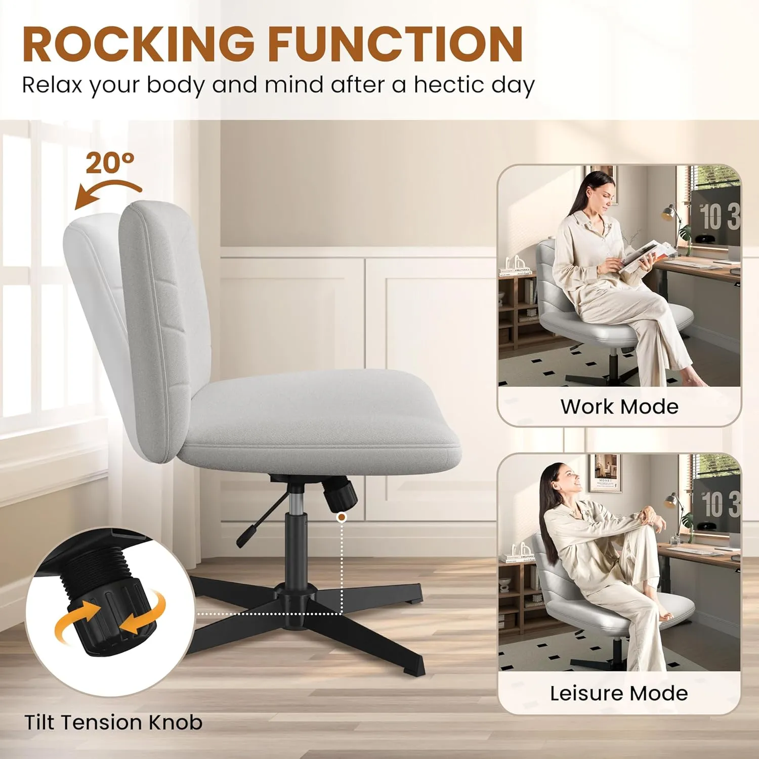 Yaheetech Wide Criss Cross Chair with No Wheels, Comfy Armless Cross Legged Office Desk Chairs, Swivel Vanity Chair Computer Chairs for Home Office, Light Gray