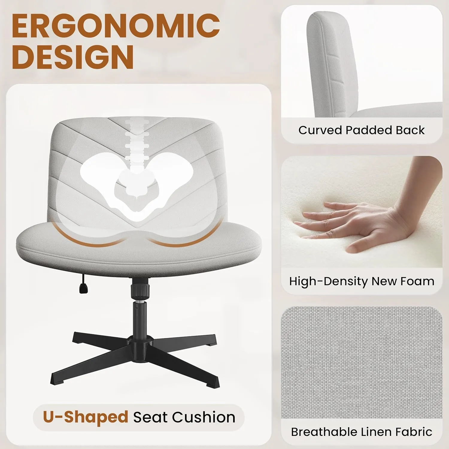 Yaheetech Wide Criss Cross Chair with No Wheels, Comfy Armless Cross Legged Office Desk Chairs, Swivel Vanity Chair Computer Chairs for Home Office, Light Gray