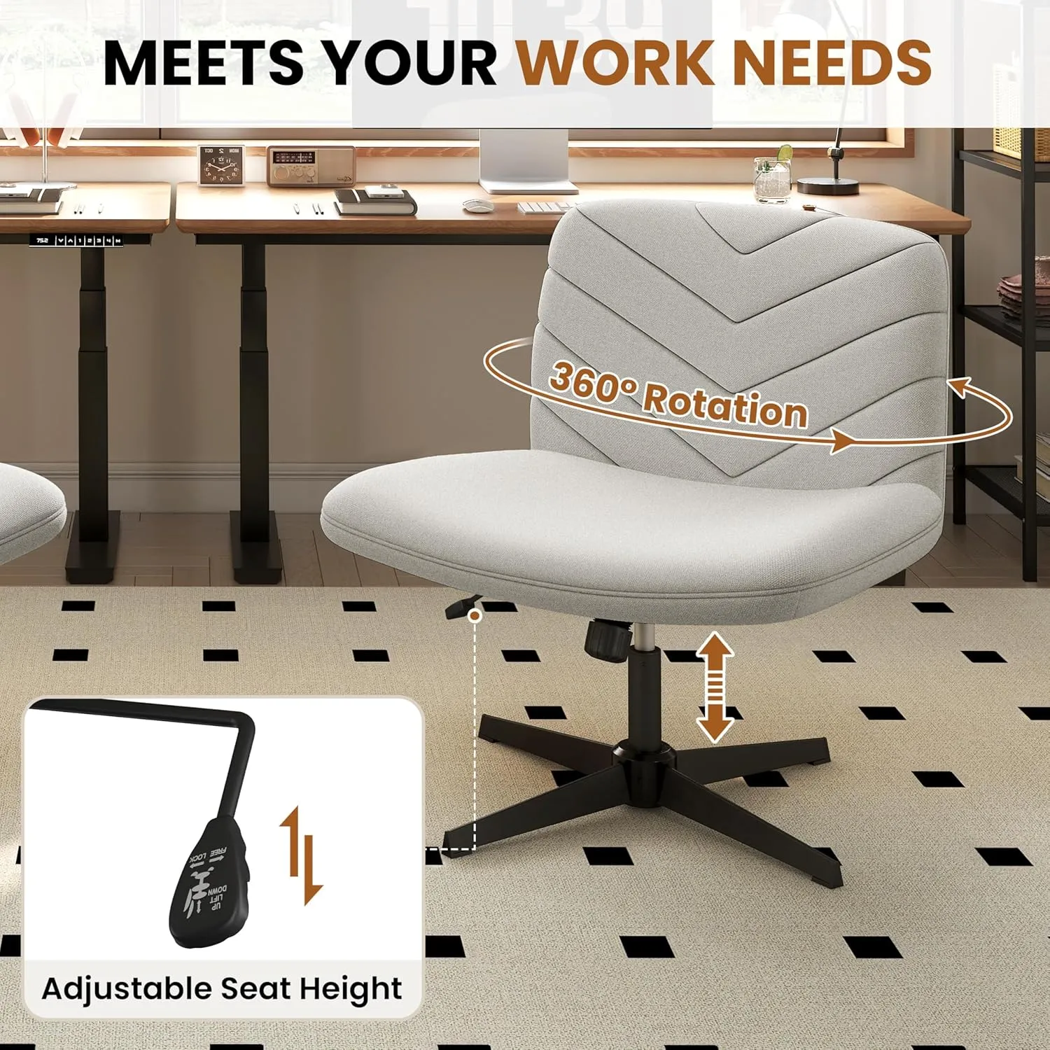 Yaheetech Wide Criss Cross Chair with No Wheels, Comfy Armless Cross Legged Office Desk Chairs, Swivel Vanity Chair Computer Chairs for Home Office, Light Gray