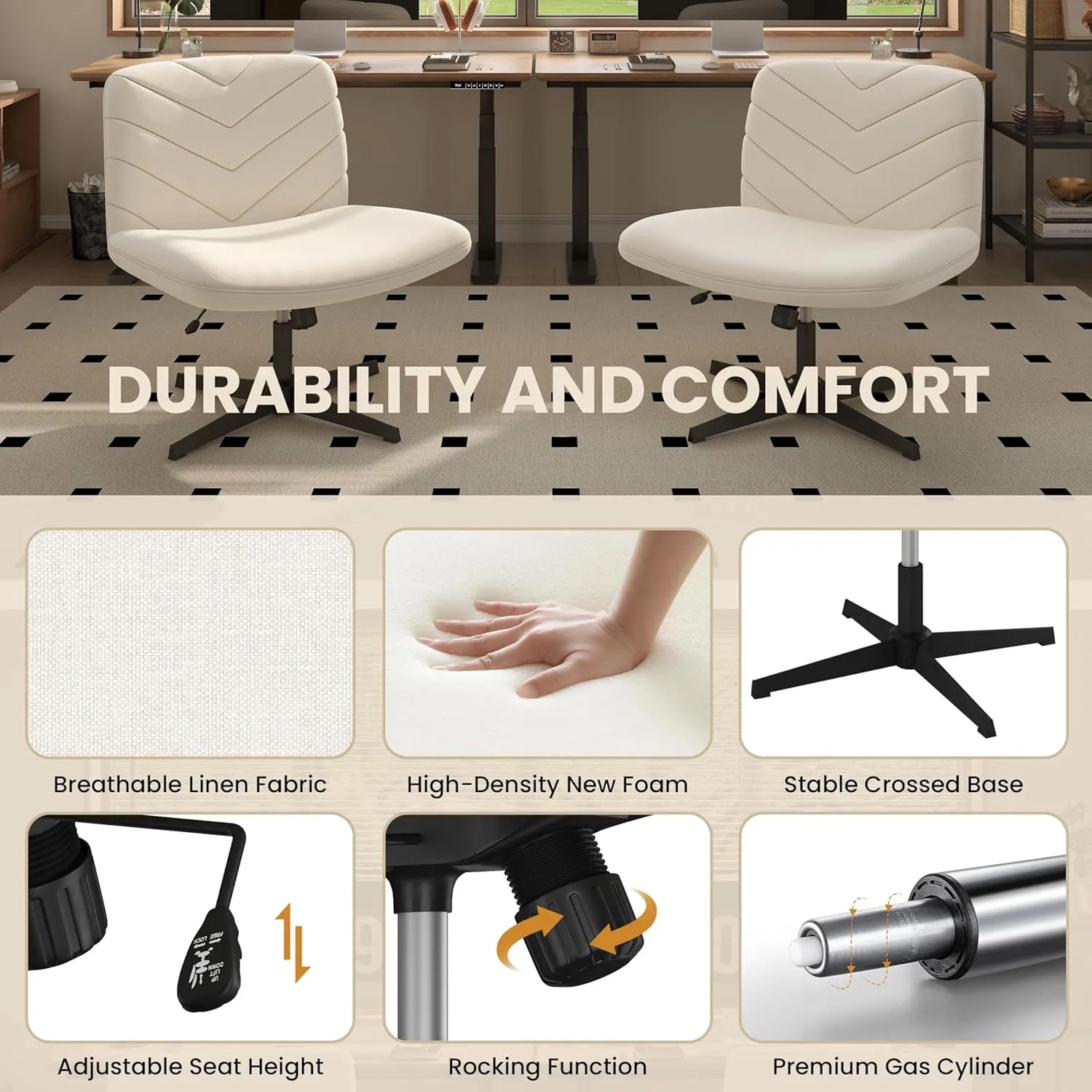 Yaheetech Wide Criss Cross Chair with No Wheels,Comfy Armless Cross Legged Office Desk Chairs, Swivel Vanity Chair Computer Chairs for Home Office, Beige