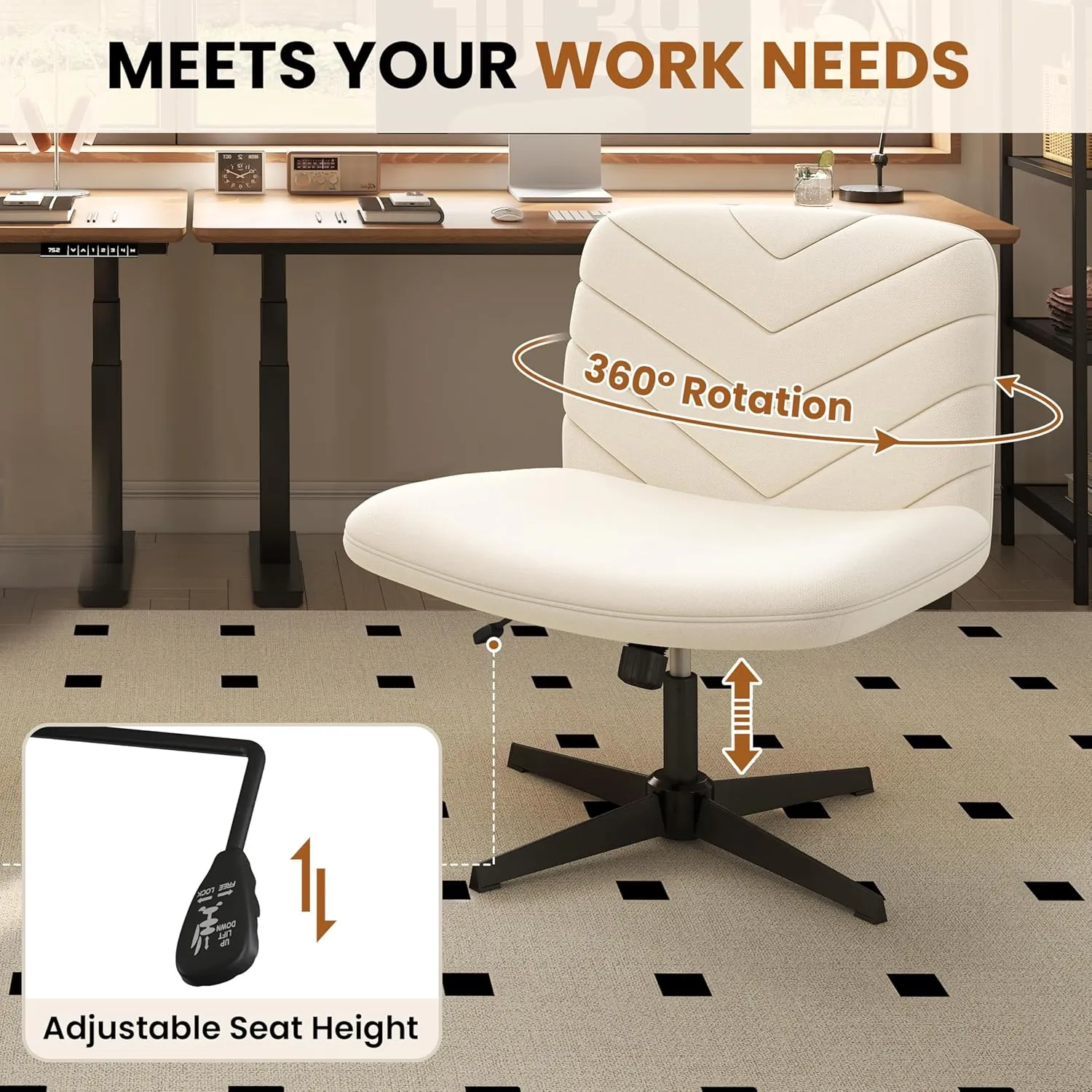 Yaheetech Wide Criss Cross Chair with No Wheels,Comfy Armless Cross Legged Office Desk Chairs, Swivel Vanity Chair Computer Chairs for Home Office, Beige