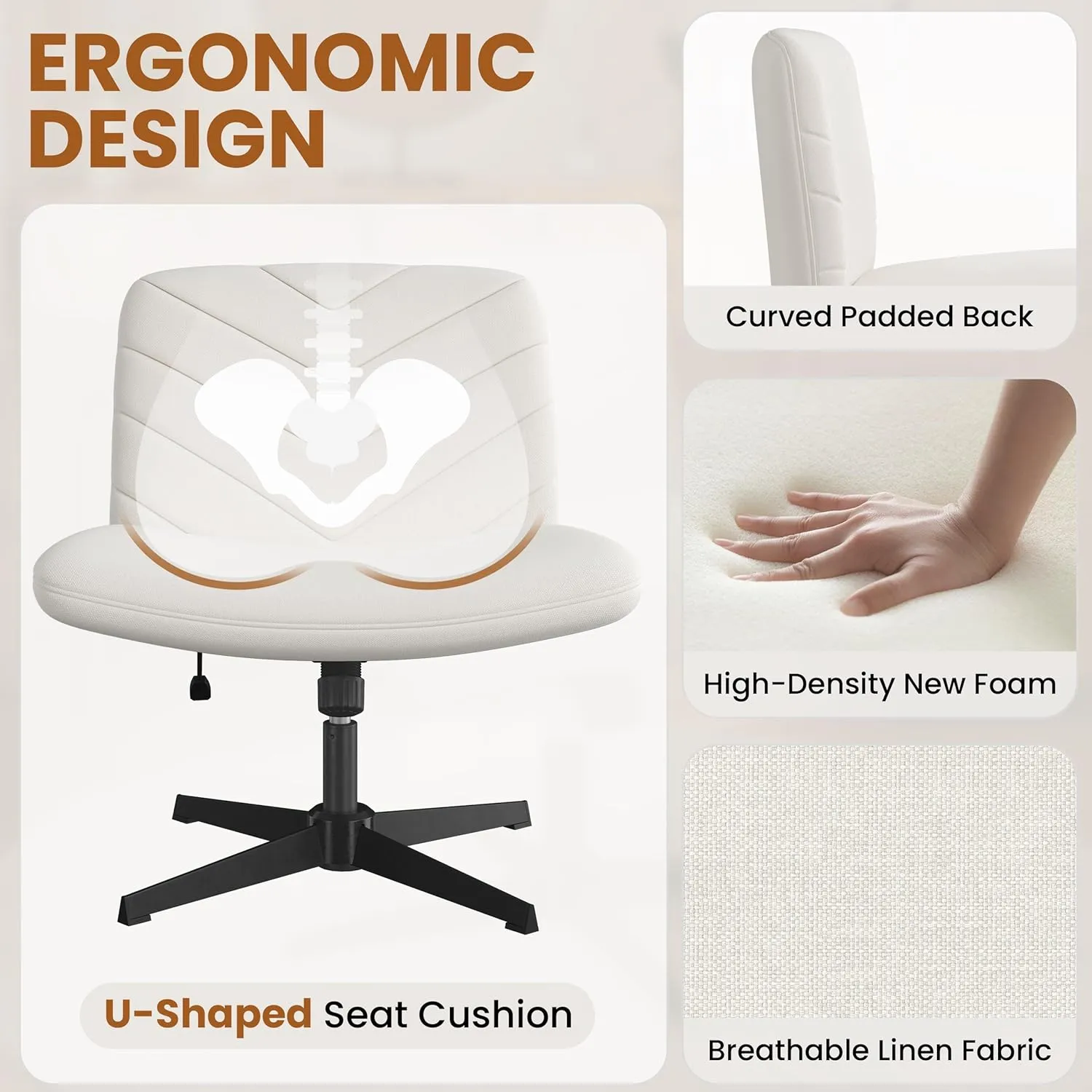 Yaheetech Wide Criss Cross Chair with No Wheels,Comfy Armless Cross Legged Office Desk Chairs, Swivel Vanity Chair Computer Chairs for Home Office, Beige