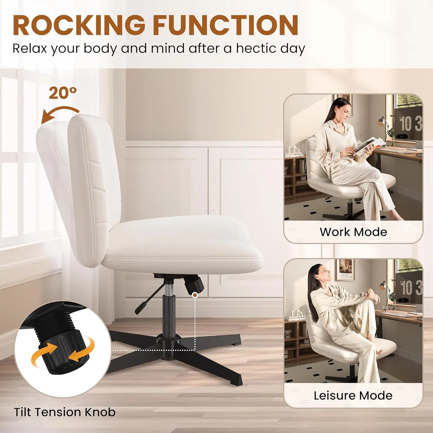 Yaheetech Wide Criss Cross Chair with No Wheels,Comfy Armless Cross Legged Office Desk Chairs, Swivel Vanity Chair Computer Chairs for Home Office, Beige