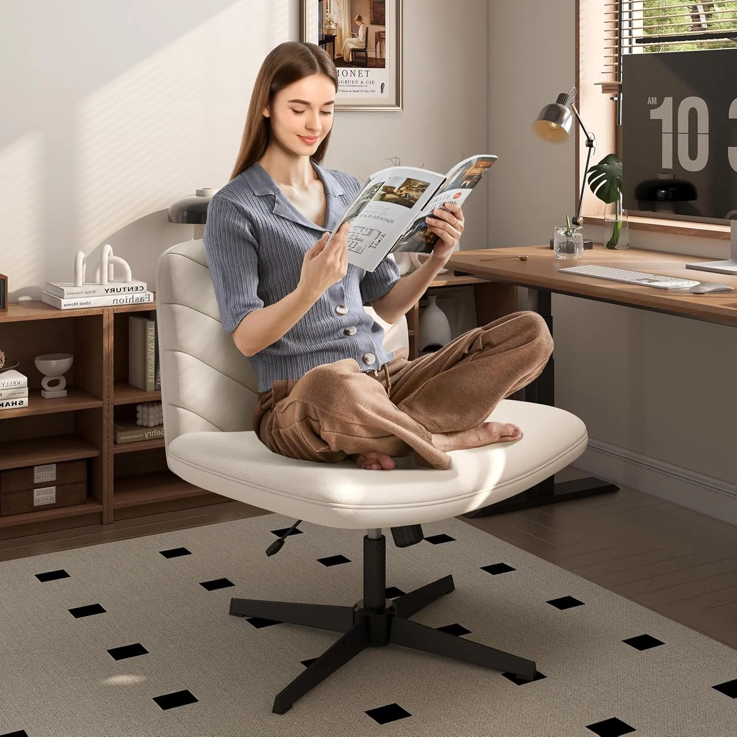 Yaheetech Wide Criss Cross Chair with No Wheels,Comfy Armless Cross Legged Office Desk Chairs, Swivel Vanity Chair Computer Chairs for Home Office, Beige