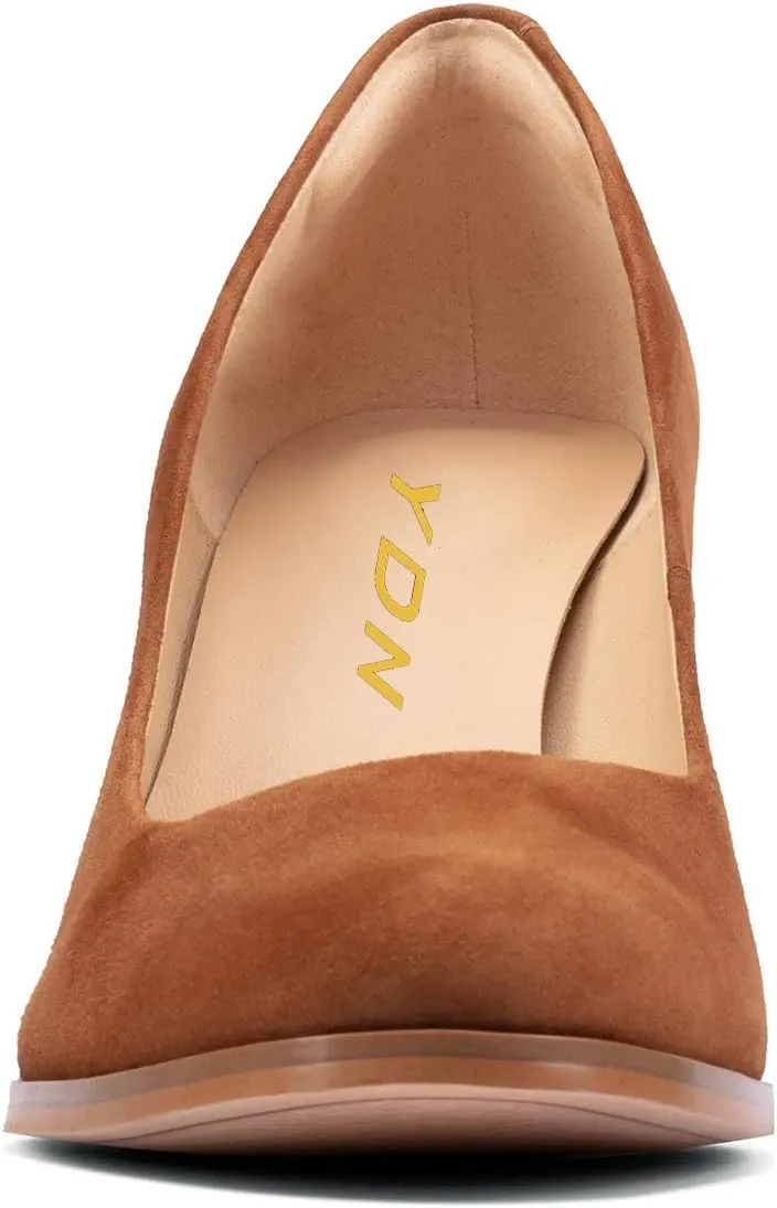 YDN Women Round Closed Toe Pumps Classic Slip On Chunky Block High Heel Slide Formal Patry Office Comfy Ladies Dress Shoes