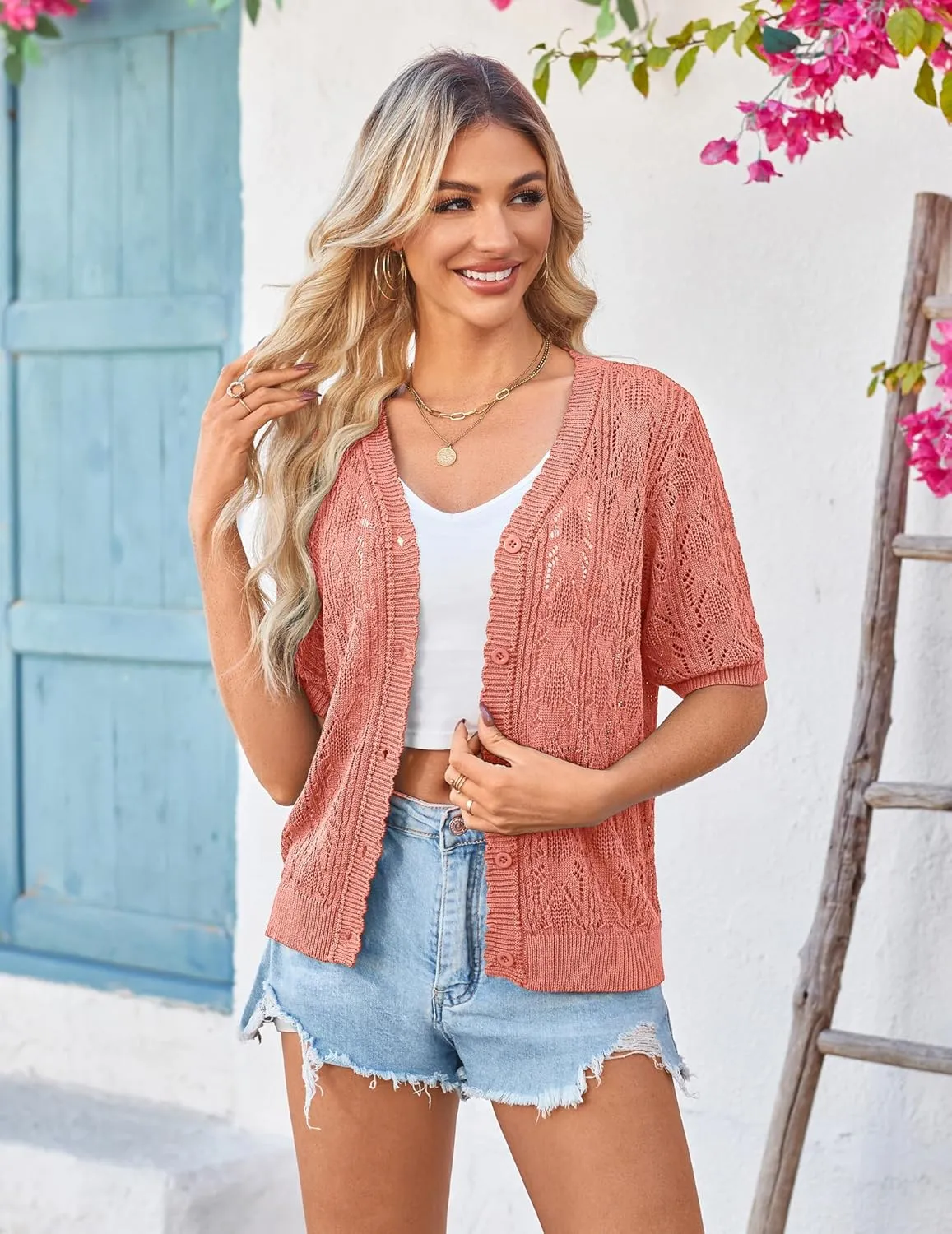 Yekaty Womens 2025 Short Sleeve Crochet Summer Cardigan Cropped Button Sweater Lightweight Shrug for Dress