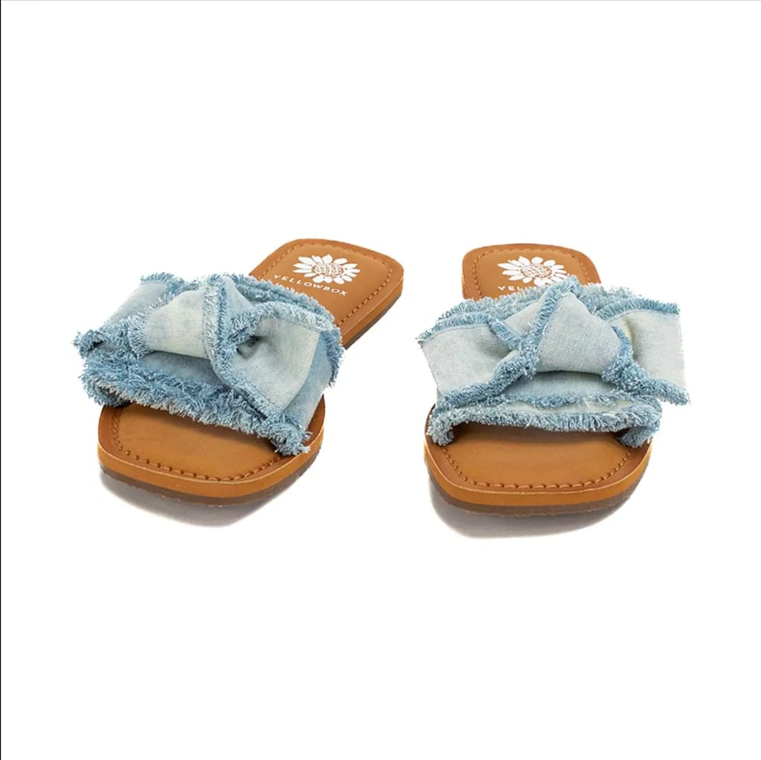 Yellow Box Daralie Women's Slide Sandals - Bow-Topped Fabric Slides with Frayed Hem Detail and Padded Footbed for Comfort