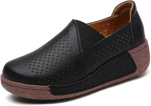 YING LAN Women Slip On Wedge Leather Loafers Comfortable Breathable Wide Low Top Casual Platform Shoes