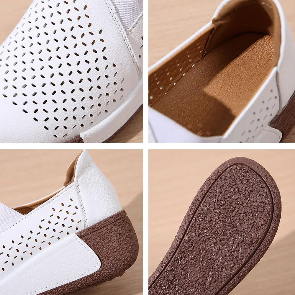YING LAN Women Slip On Wedge Leather Loafers Comfortable Breathable Wide Low Top Casual Platform Shoes