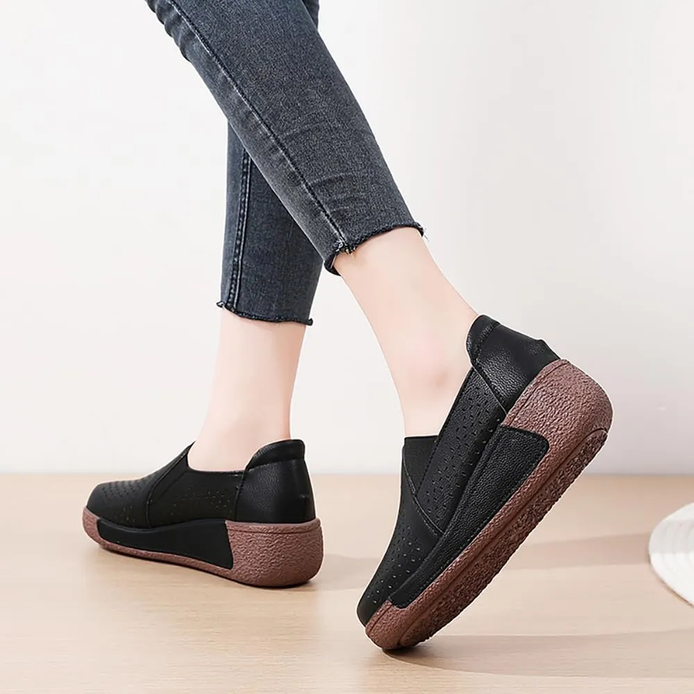 YING LAN Women Slip On Wedge Leather Loafers Comfortable Breathable Wide Low Top Casual Platform Shoes