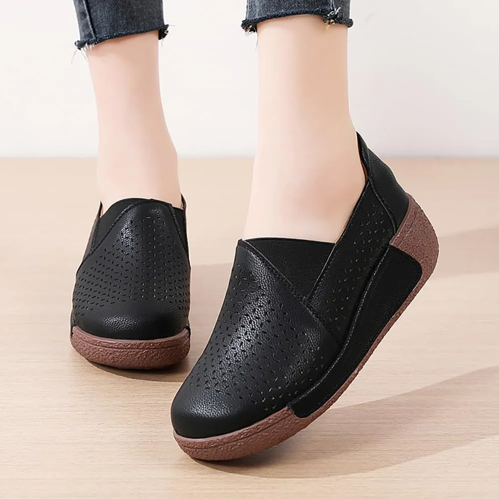 YING LAN Women Slip On Wedge Leather Loafers Comfortable Breathable Wide Low Top Casual Platform Shoes