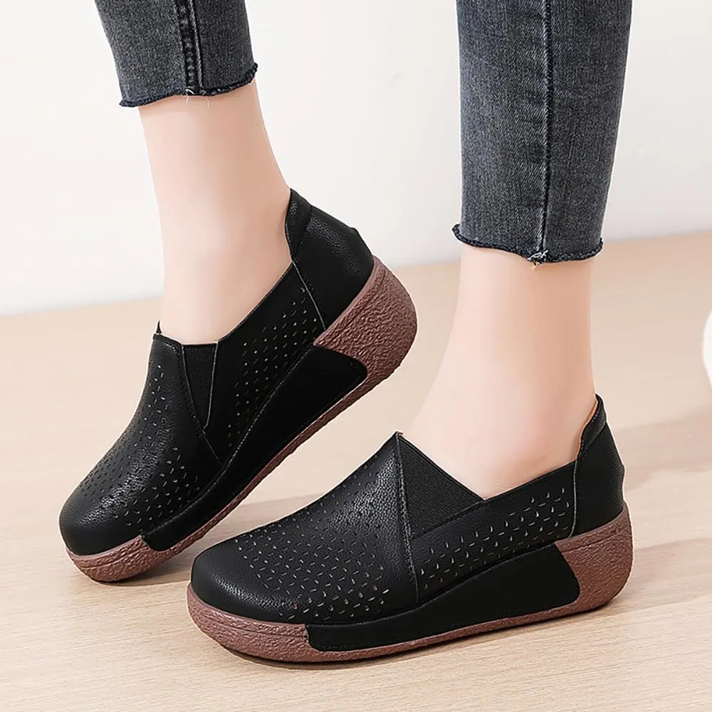 YING LAN Women Slip On Wedge Leather Loafers Comfortable Breathable Wide Low Top Casual Platform Shoes