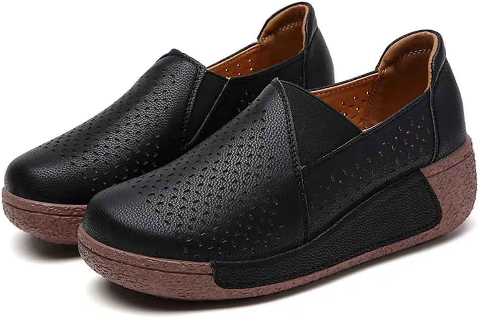 YING LAN Women Slip On Wedge Leather Loafers Comfortable Breathable Wide Low Top Casual Platform Shoes