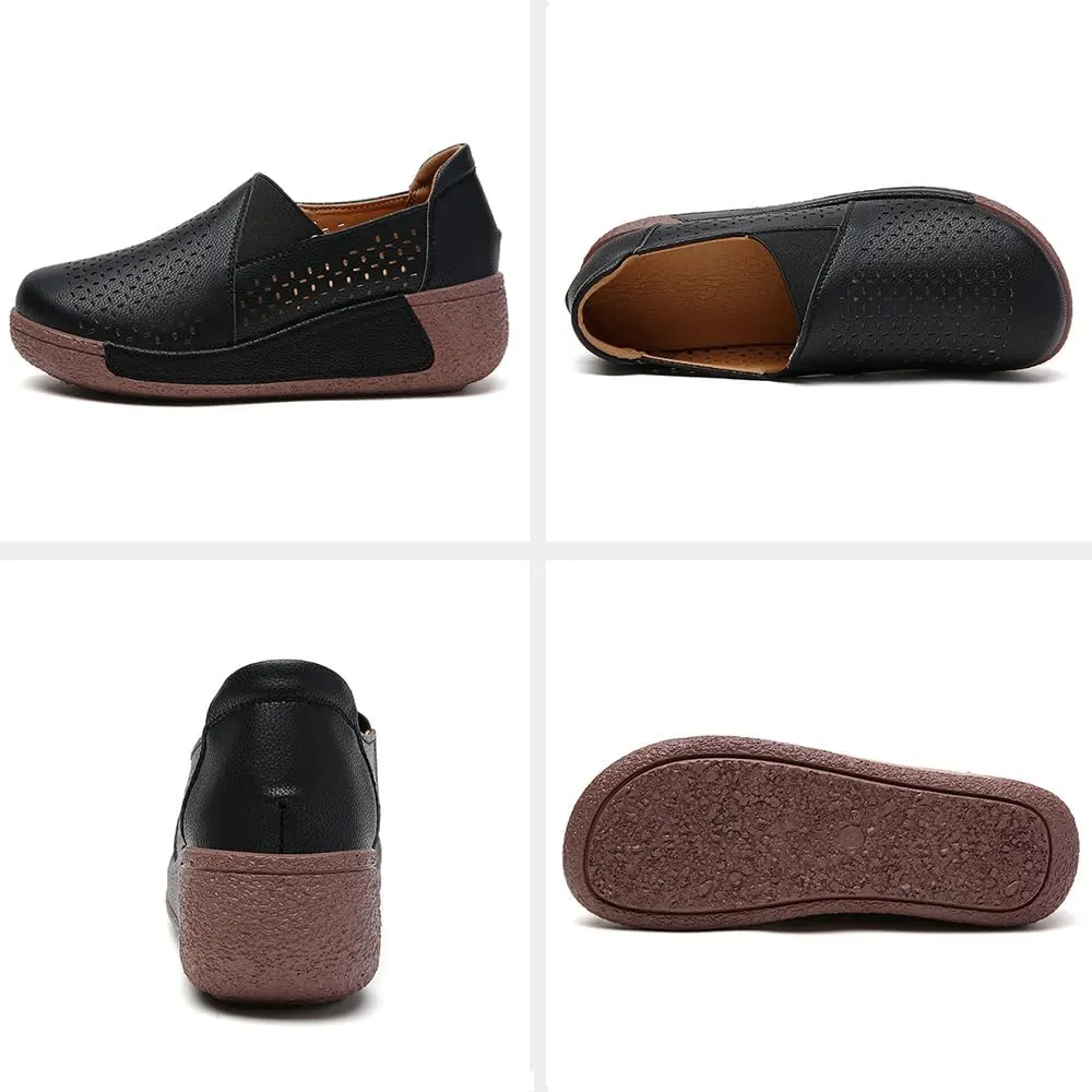 YING LAN Women Slip On Wedge Leather Loafers Comfortable Breathable Wide Low Top Casual Platform Shoes