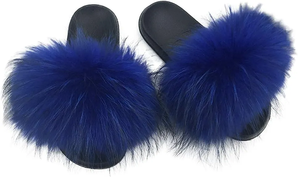 Yu Li Womens Luxury Real Raccon Fur Slippers Slides Indoor Outdoor Flat Soles Soft Summer Shoes