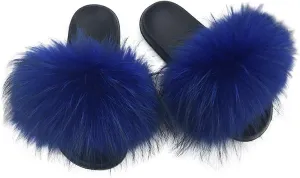Yu Li Womens Luxury Real Raccon Fur Slippers Slides Indoor Outdoor Flat Soles Soft Summer Shoes