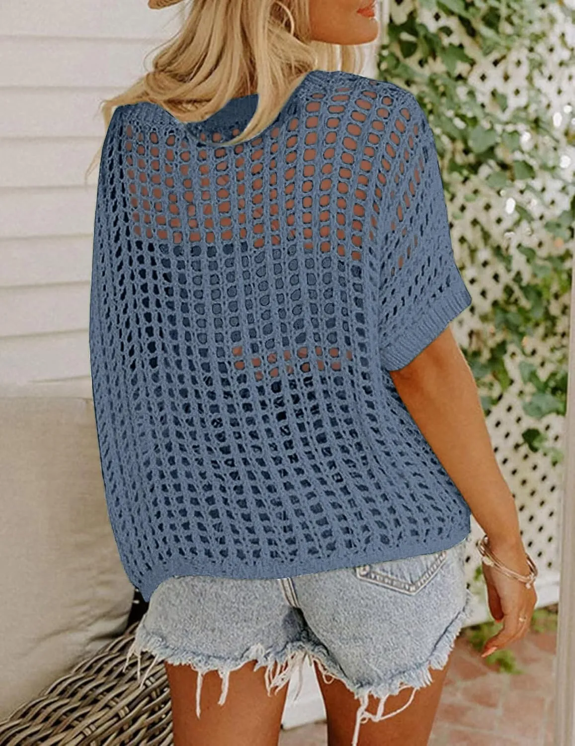 Zeagoo Short Sleeve Crochet Sweater Lightweight Summer Tops Loose Hollow Out Crewneck Pullover