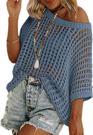 Zeagoo Short Sleeve Crochet Sweater Lightweight Summer Tops Loose Hollow Out Crewneck Pullover