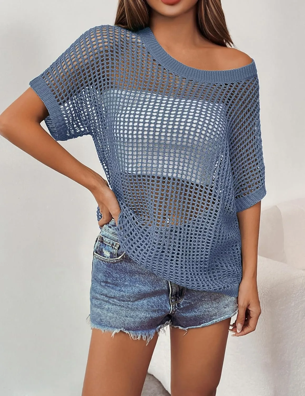 Zeagoo Short Sleeve Crochet Sweater Lightweight Summer Tops Loose Hollow Out Crewneck Pullover
